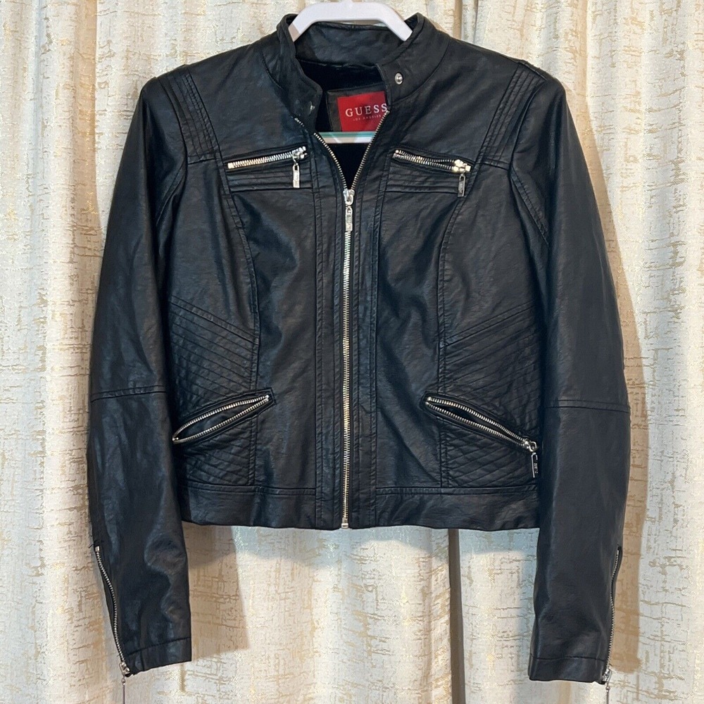 Guess Moto Jacket Women M Black Faux Leather Fur Lined Biker Quilted Goth Punk